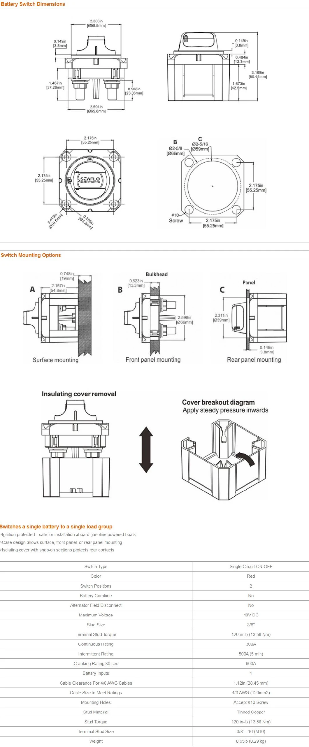 Seaflo 12V Boat 2 Battery Switch Single Circuit on/off Msd 600 Series Battery Disconnect Switch for Elect in RV