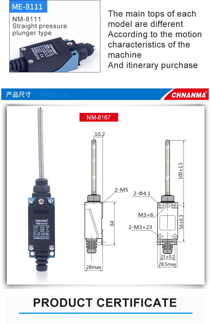 250VAC/10A Me Series Waterproof Limit Switch 8104 with Plastic/Stainless Steel Roller